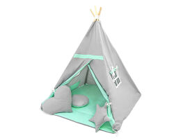 Namiot TIPI + mata + 3 poduszki - Jasny szary + mięta