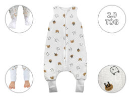 Misiowe główki -Muślinowy śpiworek ocieplany 2,0 TOG ze skarpetkami