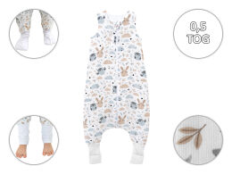 Zajączek i sówka -Letni muślinowy śpiworek 0,5 TOG ze skarpetkami