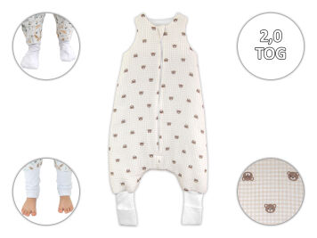 Miś w kratce-Muślinowy śpiworek ocieplany 2,0 TOG ze skarpetkami