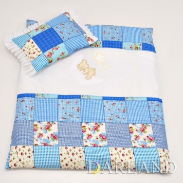 Pościel do wóżka 2el - miś na księżycu w patchworku niebieskim h2