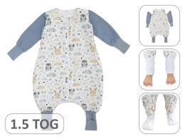 zajączek i sówka  -Ocieplany śpiworek 1,5 TOG z odpinanymi rękawkami i ze skarpetkami