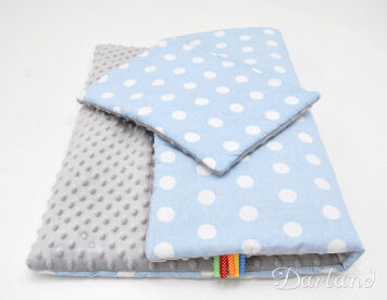 Kołderka + podusia MINKY-białe grochy na błękicie / szare