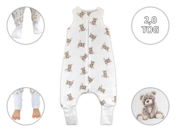 Beżowy miś -Muślinowy śpiworek ocieplany 2,0 TOG ze skarpetkami