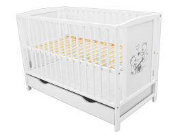 Łóżeczko dziecięce z szufladą - misie na huśtawce - białe [BAJ SZUF]