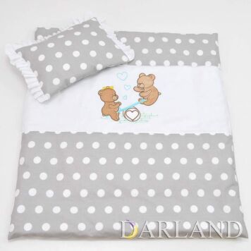 Pościel do wóżka 2el - misie na huśtawce w szarych grochach h6