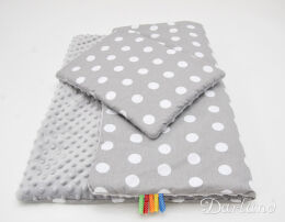 Kołderka + podusia MINKY-białe grochy na szarym / szare